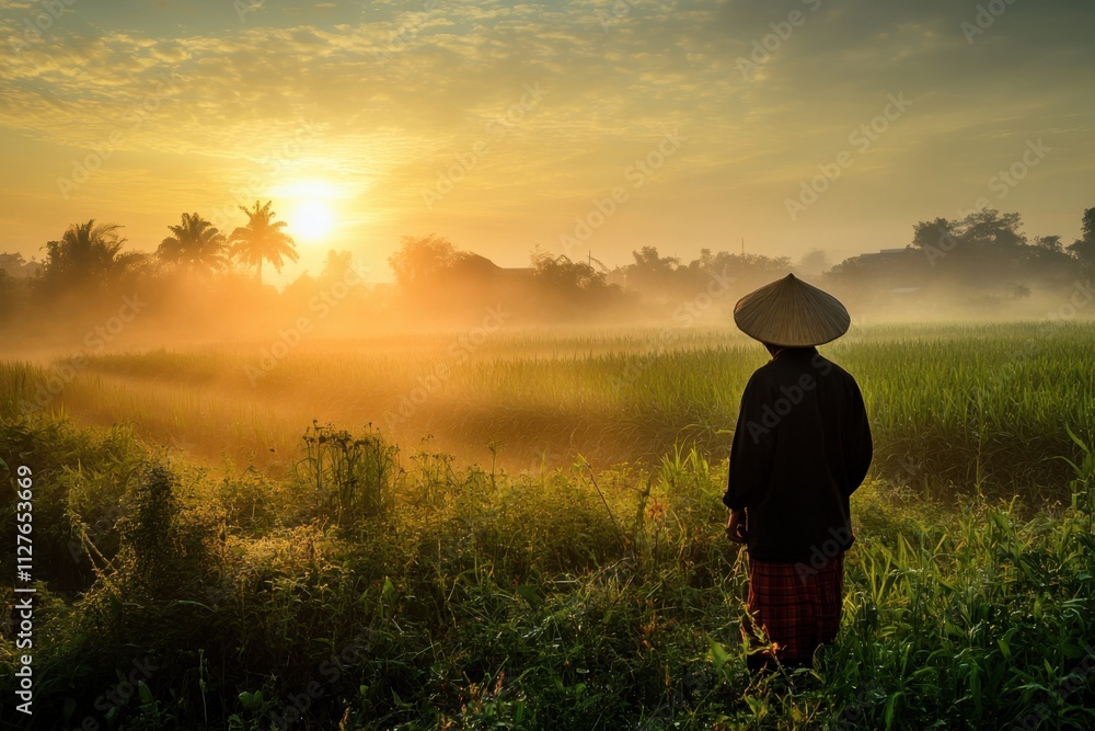 Fototapeta premium Farmer in field at sunrise in misty morning light, rich textures , with copy space