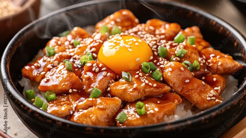 A close-up shot of a steaming bowl of Japanese donburi topped with tender chicken pieces, a raw egg yolk glistening in the center, garnished with fresh green onions and sesame seeds A close-up shot of a steaming bowl of Japanese donburi topped with tender chicken pieces, a raw egg yolk glistening in the center, garnished with fresh green onions and sesame seeds