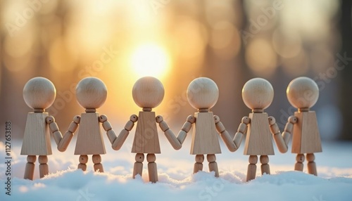 Wooden dolls stand in a row holding hands on snowy ground. Golden hour sunlight shines behind them creating a warm and friendly atmosphere. Friendship and winter themes are represented in this image. photo