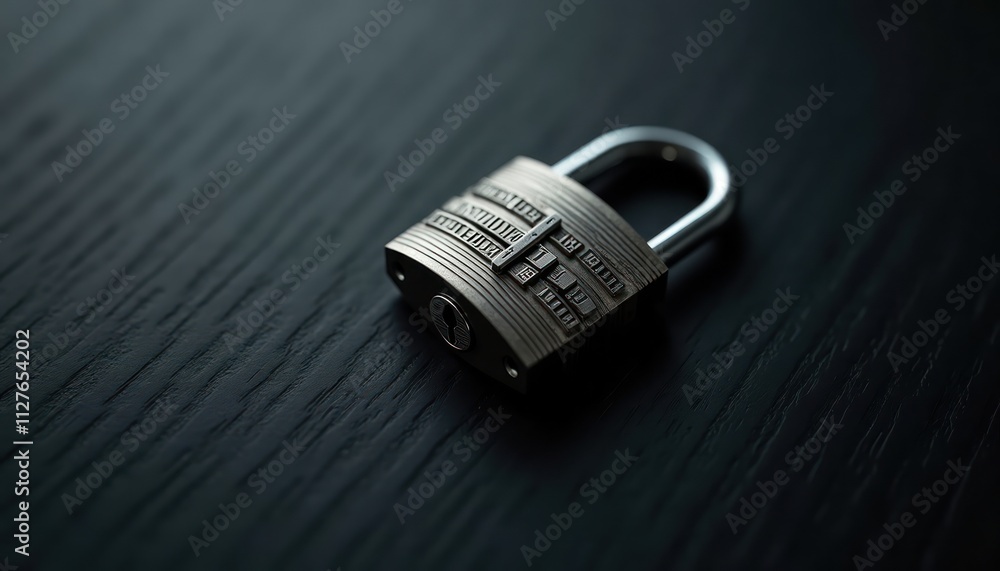 Combination lock rests on dark surface. Security lock with complex dial mechanism. Metal lock displays intricate details. Modern security concept. Lock for protection, safety. Close-up shot on dark Combination lock rests on dark surface. Security lock with complex dial mechanism. Metal lock displays intricate details. Modern security concept. Lock for protection, safety. Close-up shot on dark