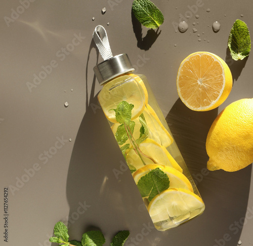 Fototapeta Naklejka Na Ścianę i Meble -  Lemon water with mint in bottle, fresh leaves and fruits on light brown table, flat lay