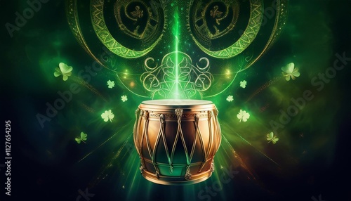 St Patrick’s Day, The Drum of Luck--_An abstract Celtic drum pulses with rhythmic energy, emitting waves photo