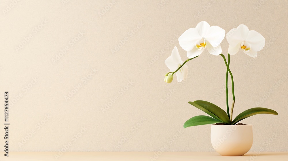 White orchids in a beige pot against a light beige wall. White orchids in a beige pot against a light beige wall.