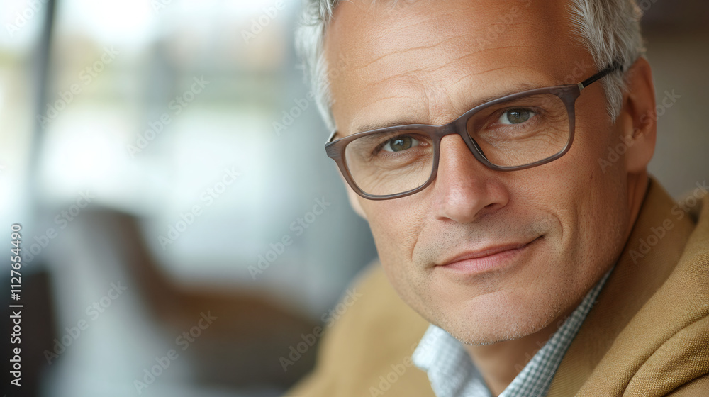 Confident businessman in glasses posing for close-up portrait in a professional office setting, exuding success and confidence