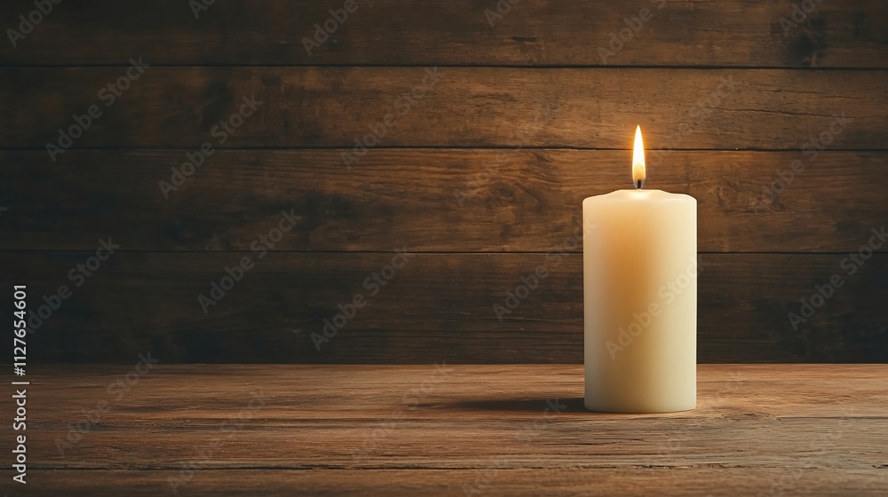 Softly Glowing Candle on Wooden Table Surrounded by Warm Shadows, Creating a Cozy Atmosphere for Relaxation and Reflection Softly Glowing Candle on Wooden Table Surrounded by Warm Shadows, Creating a Cozy Atmosphere for Relaxation and Reflection