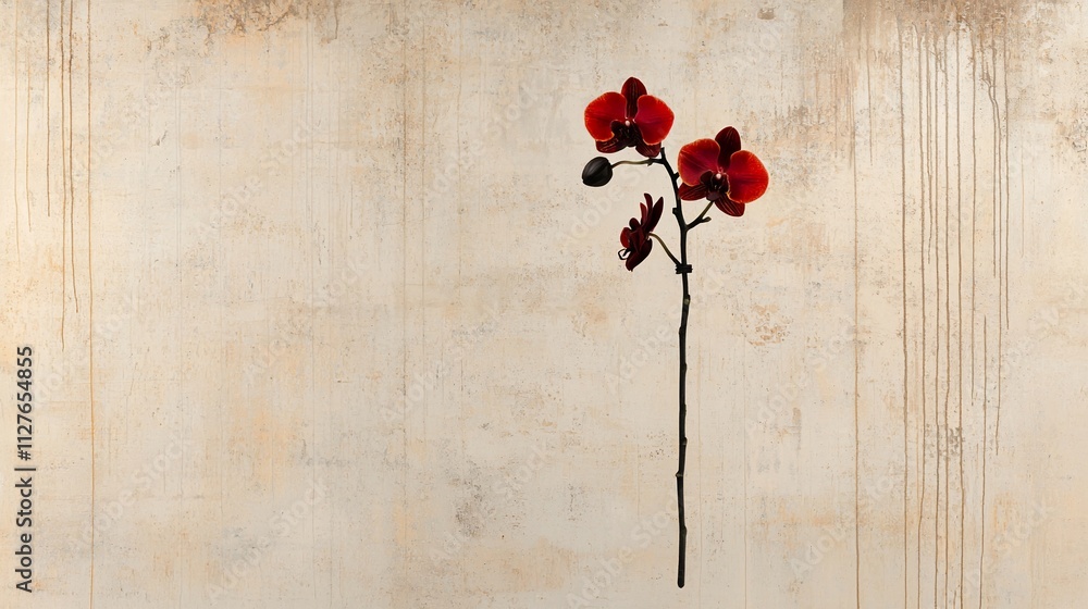 Dark red orchid against textured beige background. Dark red orchid against textured beige background.