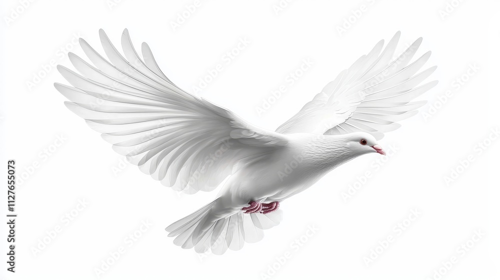 Naklejka premium Majestic white dove in free flight, set against a seamless white background, ideal for peace and tranquility themes