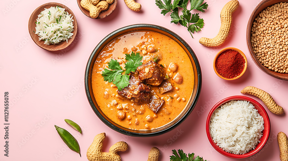 Delicious kare kare peanut stew with oxtail, served with rice and garnished with herbs. flavorful dish perfect for sharing Delicious kare kare peanut stew with oxtail, served with rice and garnished with herbs. flavorful dish perfect for sharing