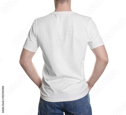 Man in stylish t-shirt on white background, back view. Mockup for design