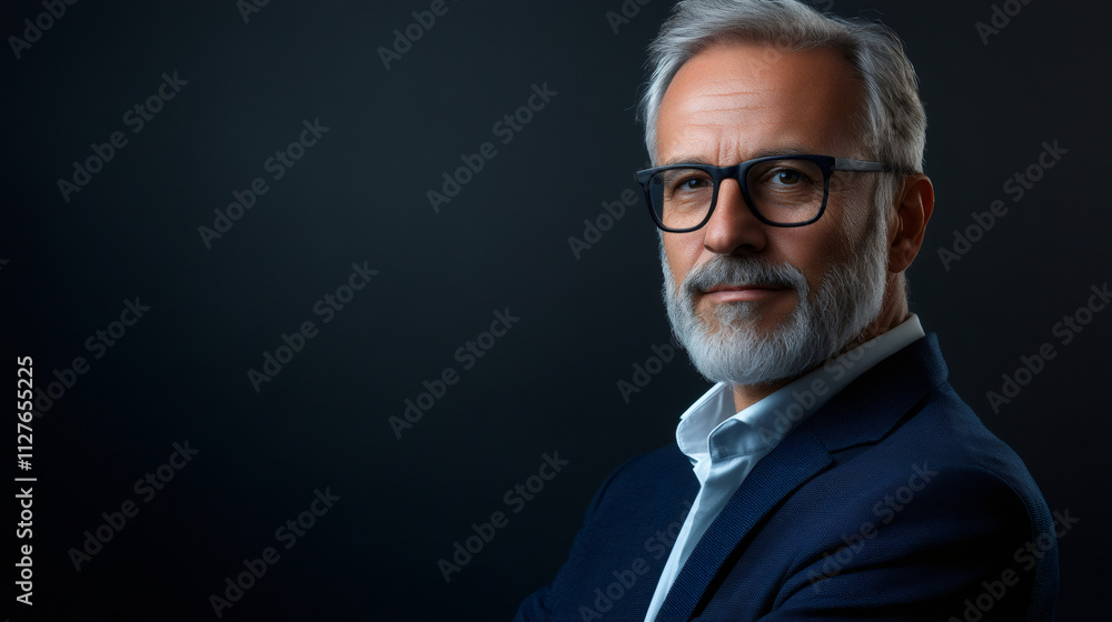 Portrait of a confident, serious businessman with crossed arms, wearing eyeglasses and a suit, against a dark background Portrait of a confident, serious businessman with crossed arms, wearing eyeglasses and a suit, against a dark background