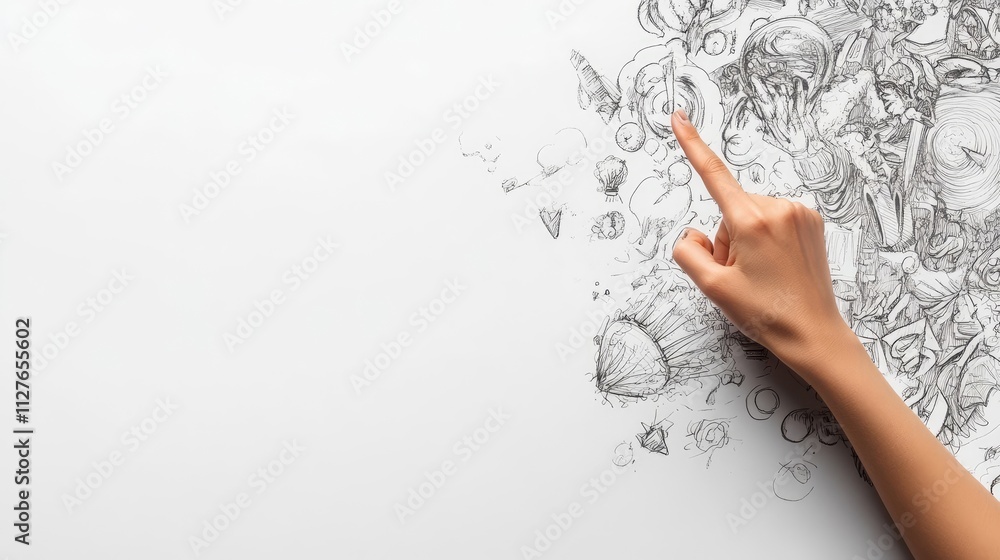 A hand points to a whiteboard covered with various hand-drawn business ideas and diagrams A hand points to a whiteboard covered with various hand-drawn business ideas and diagrams