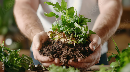 Gardener holding fresh soil with green plants, preparing for spring planting