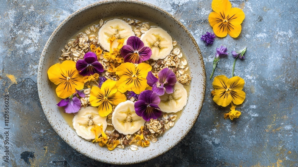Smoothie bowl with banana granola and edible flowers Smoothie bowl with banana granola and edible flowers