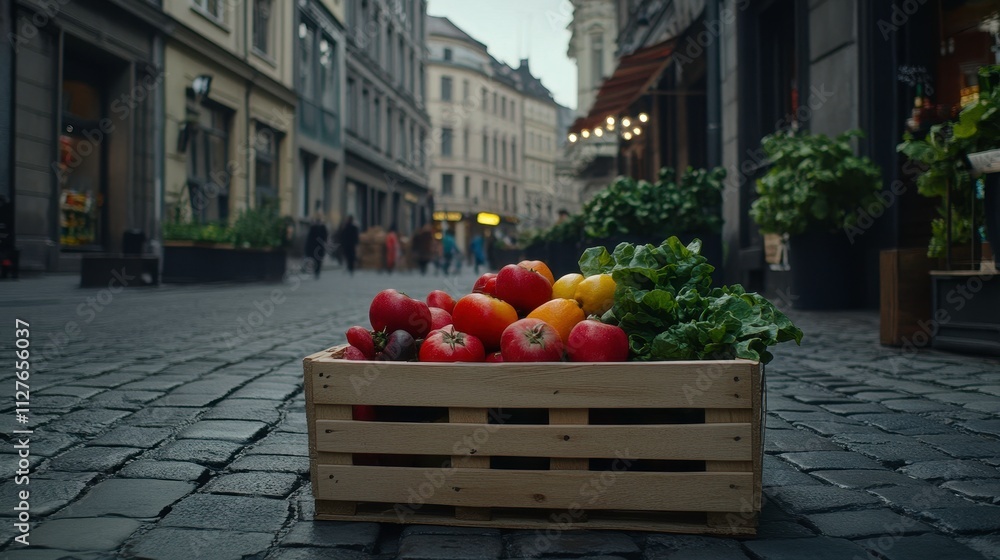 Fresh Produce in a Rustic Wooden Crate on a Cobblestone Street in a Lively Market Setting with People and Storefronts in the Background Fresh Produce in a Rustic Wooden Crate on a Cobblestone Street in a Lively Market Setting with People and Storefronts in the Background