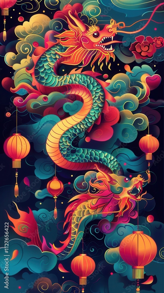 Colorful dragon dance under lanterns with swirling clouds in an ornate traditional style Colorful dragon dance under lanterns with swirling clouds in an ornate traditional style
