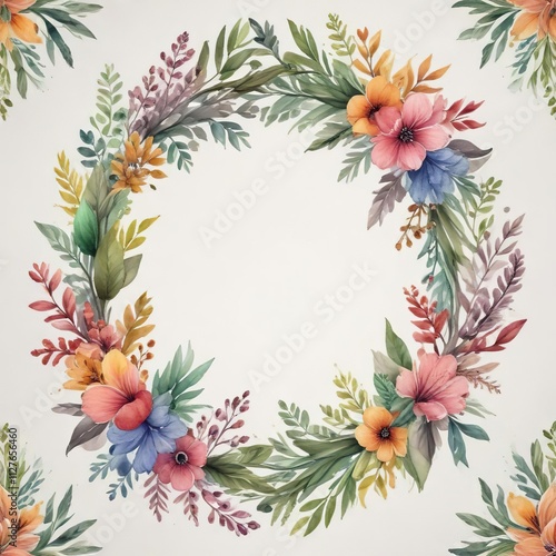 Whimsical watercolor laurel wreaths with a playful mix of colors and patterns, mix of colors, artistic, patterns, watercolor, decorative