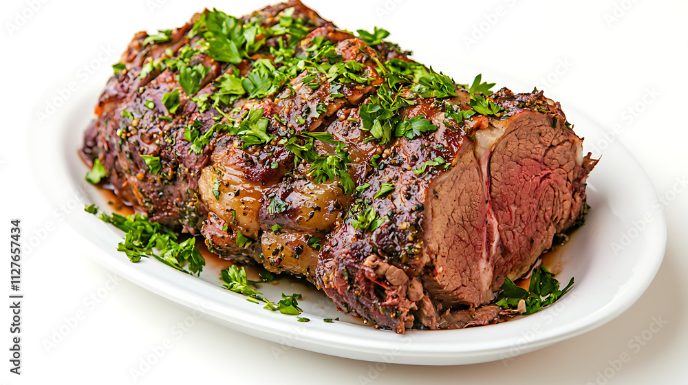 Succulent slow roasted lamb garnished with fresh herbs, perfect for feasts Succulent slow roasted lamb garnished with fresh herbs, perfect for feasts