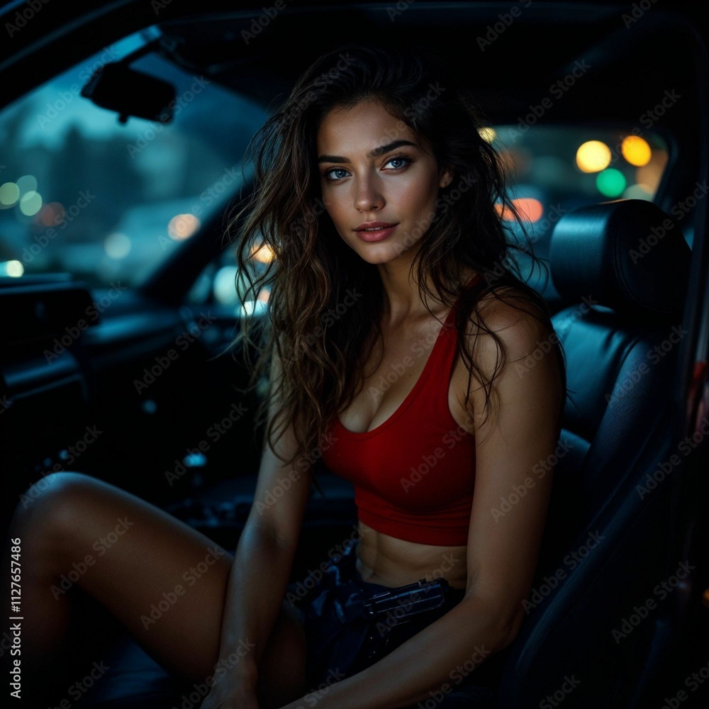 Beautiful young woman in red bra and shorts sitting in car at night Beautiful young woman in red bra and shorts sitting in car at night