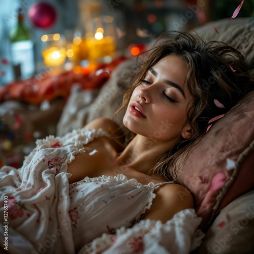 Portrait of a beautiful young woman in bed with candles and flowers.