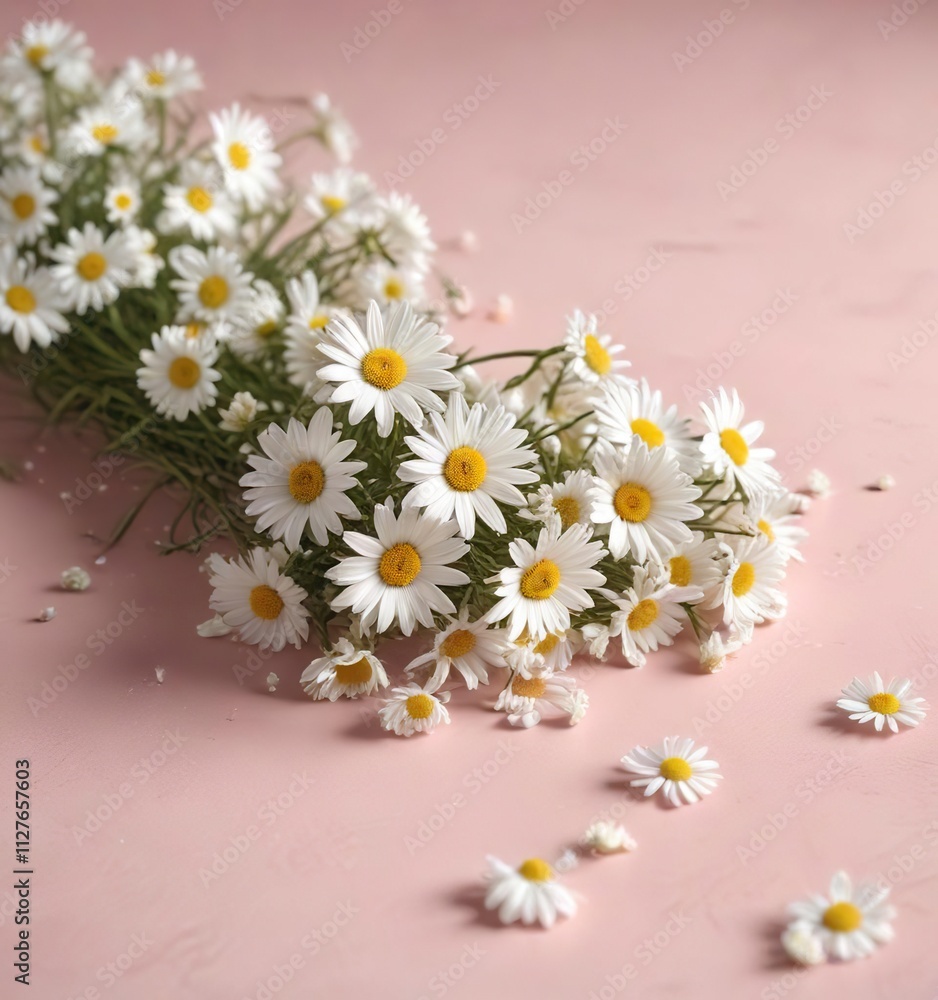 Obraz premium White daisies scattered on a pastel pink tabletop, decor, minimal