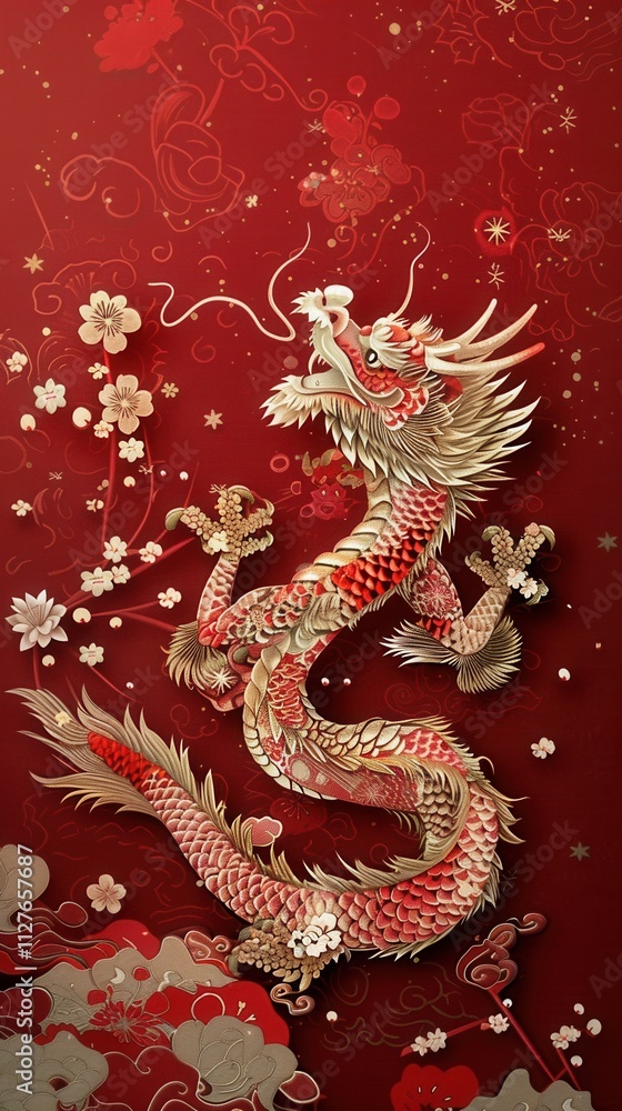 Obraz premium Elegant red dragon with floral patterns representing strength and luck in Chinese culture