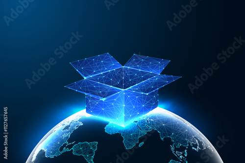 Global delivery concept with glowing polygonal box and Earth on dark background. Shipping design.
