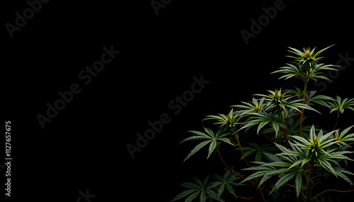 Banner background marijuana plants on black background isolated with white highlights, png