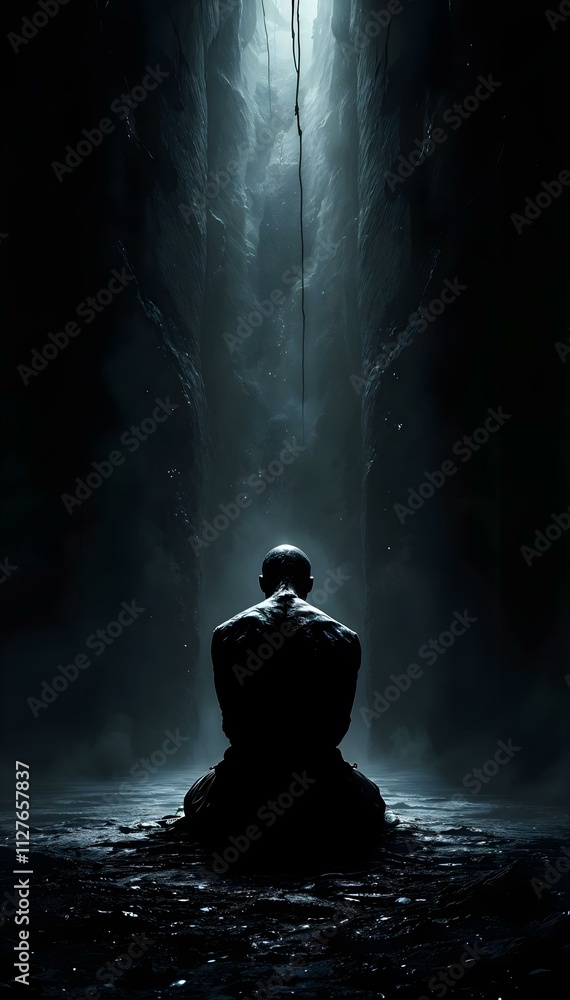 Obraz premium Silhouette of a man sitting in a cave at night.