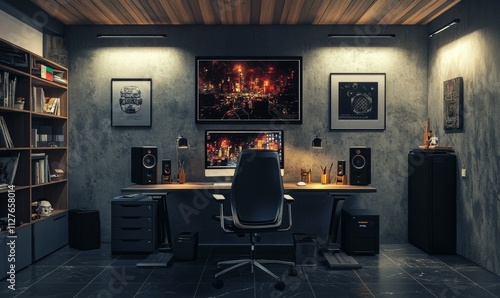 Vintage, spacious minimal home office room with panel lighting on the ceiling, large size dark stone tiled floor, the computer table, monitor, speakers, black husky file cabinet on the side.