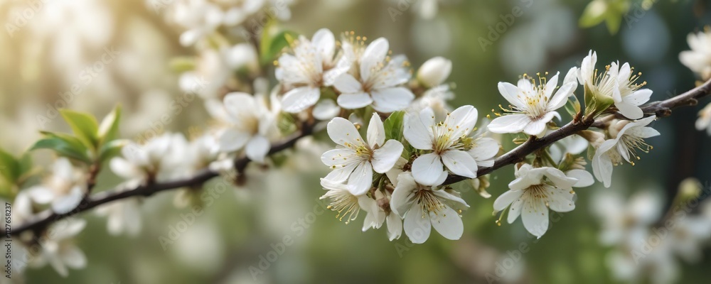 Soft focus image of white blackthorn blossoms on a tree branch against blurred background, shallow focus, outdoor garden, spring blossom, petal texture