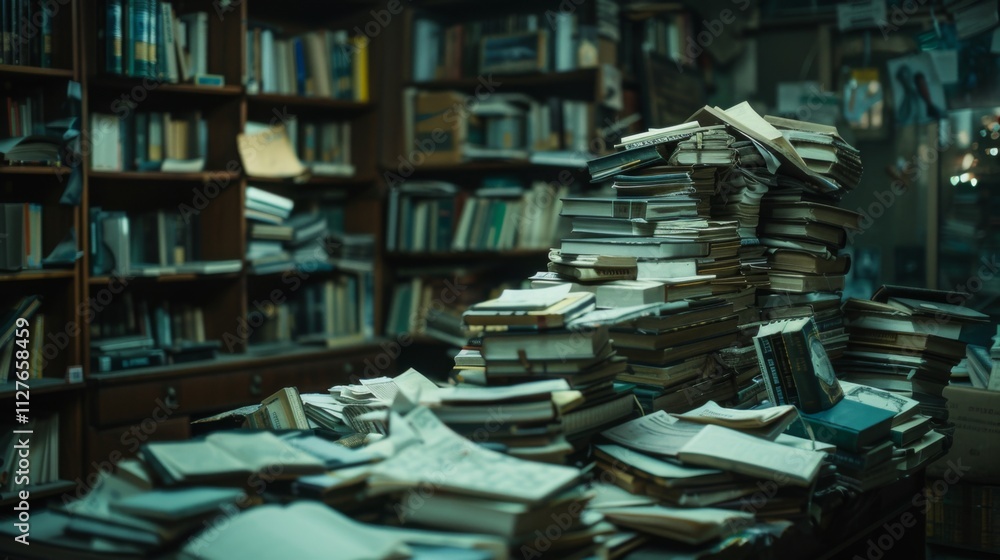 Fototapeta premium Stacks of documents on a cluttered desk symbolize overwhelming bookkeeping tasks.