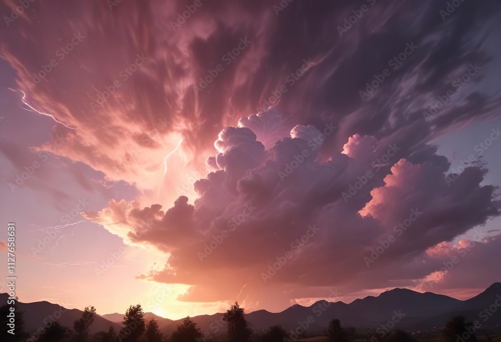 Obraz premium Soft pastel hues of pink and orange are illuminated by a brief flash of lightning against the evening sky, soft light, warm tones