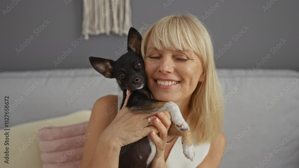 Woman holding a small chihuahua dog in a cozy living room, smiling with joy and warmth, highlighting the bond between a pet and its owner in a comfortable home setting. Woman holding a small chihuahua dog in a cozy living room, smiling with joy and warmth, highlighting the bond between a pet and its owner in a comfortable home setting.