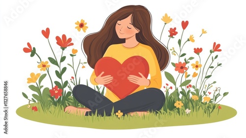 A serene illustration of a pregnant woman sitting in a meadow filled with wildflowers