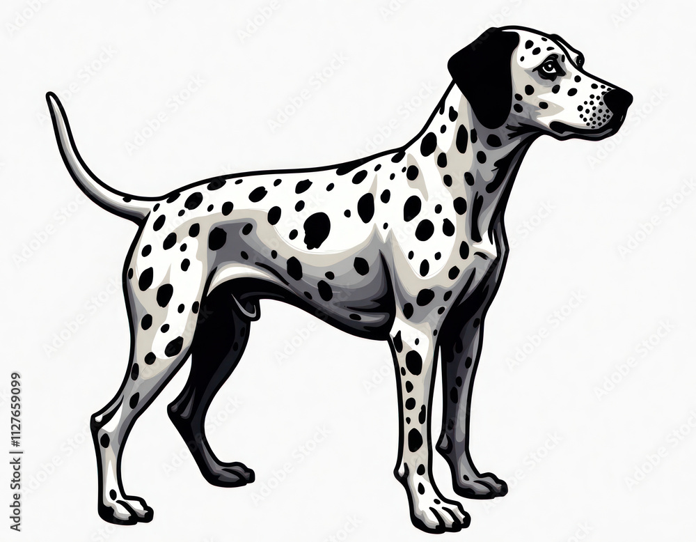 Dalmatian dog silhouette in profile view. Black and white spotted dog. Active and alert look. Standing in a confident stance. Suitable for pet lovers pet shop design. Dalmatian dog silhouette in profile view. Black and white spotted dog. Active and alert look. Standing in a confident stance. Suitable for pet lovers pet shop design.