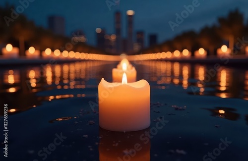 Rows of flickering candles form twin tower silhouettes against night sky. Solemn memorial atmosphere created. Candles float on water creating reflective scene. Evening light, city skyline visible in photo