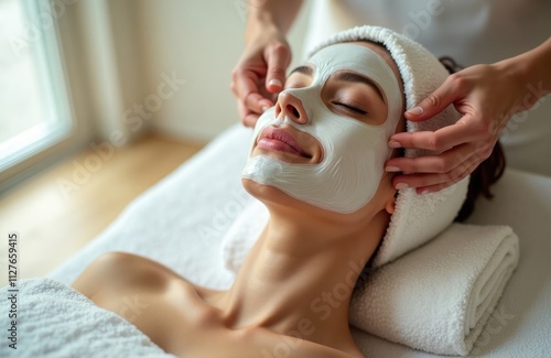 Woman relaxes with facial mask treatment in spa. Expert hands apply mask. Serene atmosphere. Wellness concept. Beauty salon. Relaxation, rejuvenation. Healthy lifestyle. Spa day. Pro skincare. Happy photo