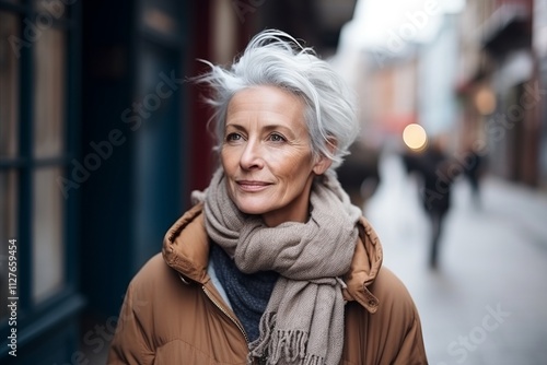 Portrait of senior woman in winter clothes on a city street.