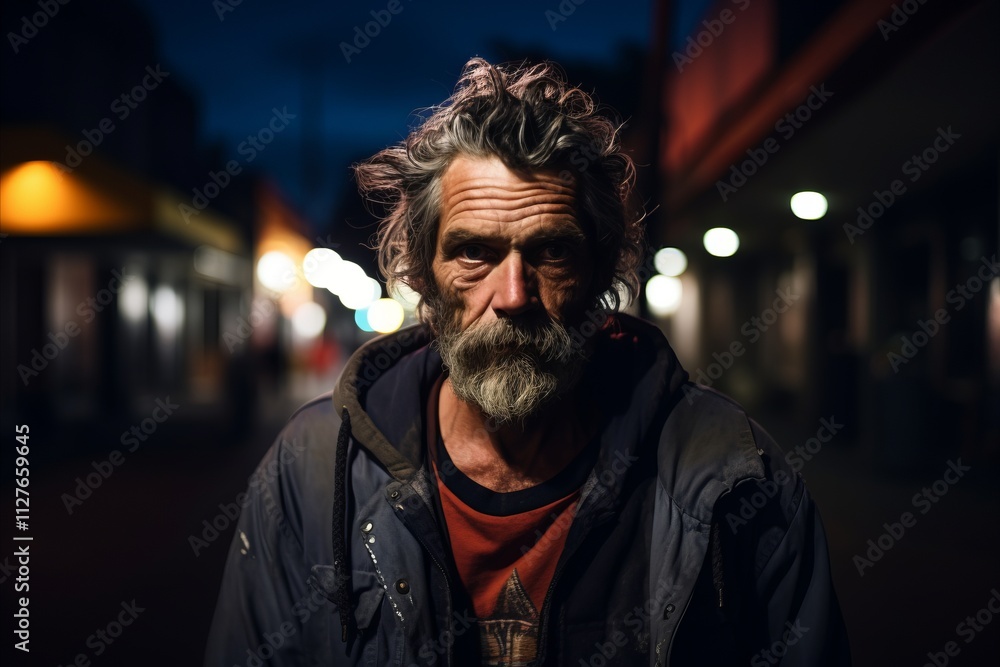 Portrait of an old man with long gray hair and beard in the city at night Portrait of an old man with long gray hair and beard in the city at night
