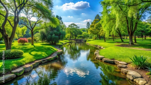 Tranquil panoramic view of a serene park with lush greenery and flowing streams, peaceful, scenic, landscape, nature, park