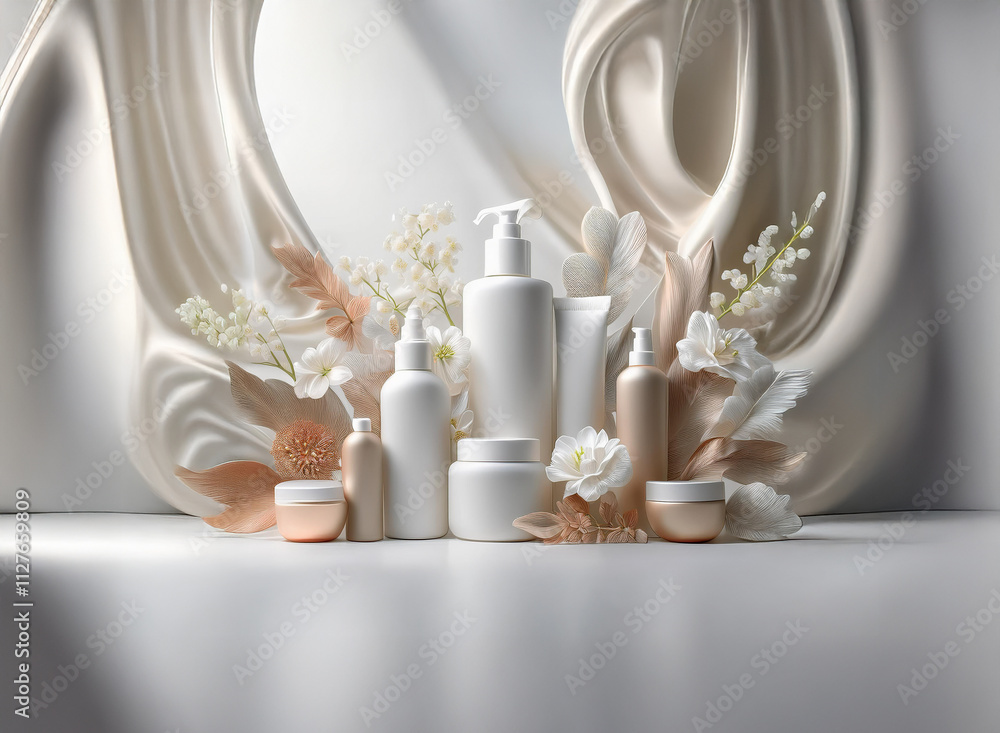 Obraz premium Elegant skincare products displayed amidst flowing beige fabric and delicate white and peach flowers. A luxurious and minimalist aesthetic.