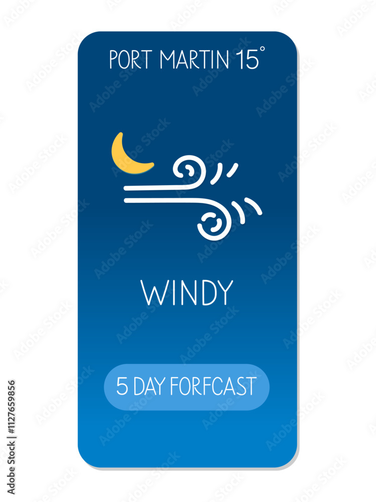 Weather forecast display showing windy conditions in Port Martin with a temperature of 15 degrees Weather forecast display showing windy conditions in Port Martin with a temperature of 15 degrees