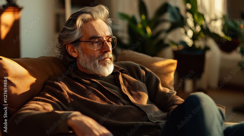 Fototapeta premium A close-up shot of a thoughtful middle-aged man sitting in a sunlit living room, engaging in a heartfelt conversation, surrounded by soft shadows from nearby plants