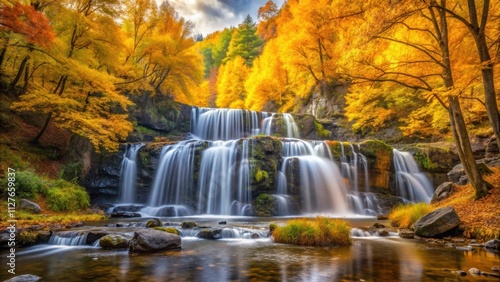 Beautiful autumn landscape with yellow trees surrounding a cascading waterfall, autumn, landscape, nature, yellow trees