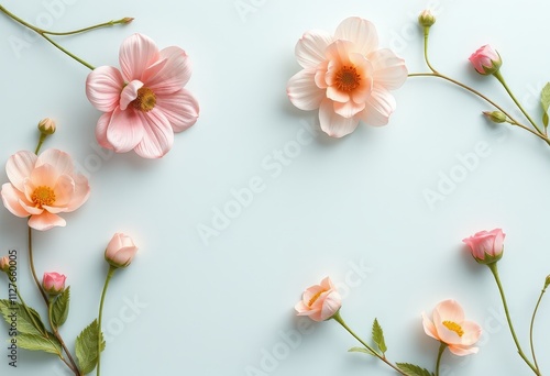Ein zartes Mockup mit sanften rosa Blüten und Knospen, dekorativ arrangiert auf einem hellblauen Hintergrund – ideal für frühlingshafte und florale Designs. Generative KI.