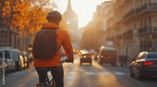 Fototapeta Naklejka Na Ścianę i Meble -  A man on a bicycle, wearing an orange jacket and a helmet, rides through a city street at sunset