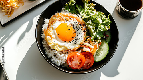 Delicious Thai kai jeow omelet served on rice with fresh vegetables, creating vibrant and appetizing meal photo