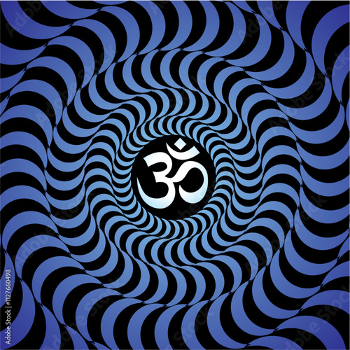 Openwork blue and orange-yellow elegant mandala on a black background. The white sign aum, om, ohm in the center. blue colors. Vector graphics.