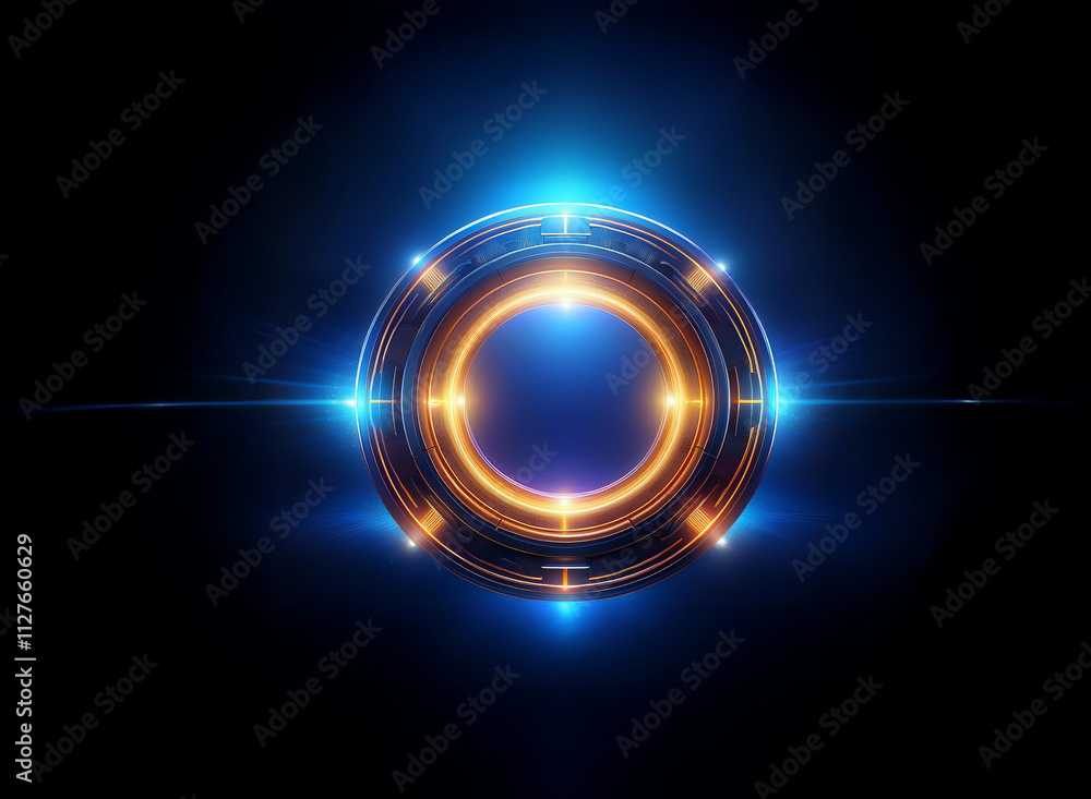Glowing metallic ring with vibrant blue and orange lights, futuristic and technological design, dark background. Glowing metallic ring with vibrant blue and orange lights, futuristic and technological design, dark background.