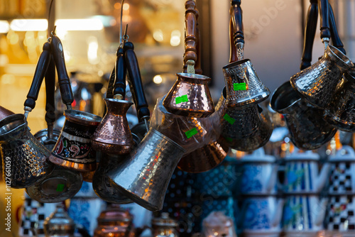 Canvas Print Traditional turkish cezve for making coffee at the turkish market in Istanbul
